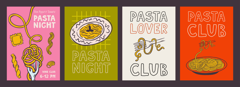 Whimsical Italian pasta lover club poster set with hand drawn doodles of spaghetti, penne, and ravioli. Vintage Mediterranean design perfect for kitchen decor or restaurant walls.