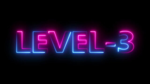 level 3 neon bright text font colorful 4k video animation. Neon level up sign and upper Level . next Level text animation.