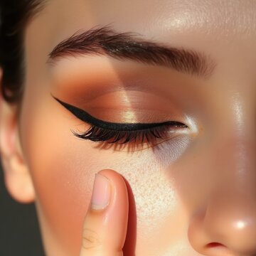 Professional makeup artist demonstrating beauty with flawless eye makeup and soft lighting.