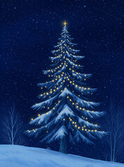 Winter's Embrace: A decorated Christmas tree shimmers with festive lights beneath a starlit night sky, its snowy branches evoking a sense of calm and the holiday spirit.