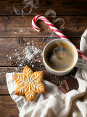 Festive Coffee and Sweets: A cozy arrangement of a steaming cup of coffee, a snowflake cookie, a candy cane, and a piece of chocolate, creating a warm, inviting scene perfect for the holiday season.