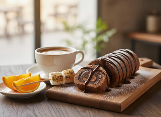 Chocolate Roll Delight: Indulge in the decadent allure of a freshly baked chocolate roll, artfully sliced and presented alongside a steaming cup of coffee, a vibrant slice of orange.
