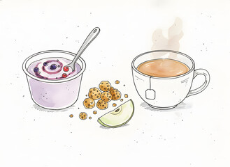 Healthy Breakfast Delight: A tempting breakfast scene showcases a cup of hot tea and a serving of creamy yogurt with berries, accompanied by a side of crunchy cookies and a slice of fresh apple.