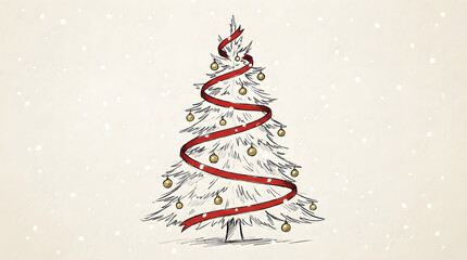 Festive Evergreens: An intricately drawn Christmas tree stands adorned with delicate ornaments and a flowing red ribbon. It evokes feelings of festive cheer, anticipation.