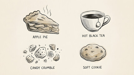 Culinary Delights: A quartet of meticulously crafted illustrations presents an array of delicious treats: apple pie, hot black tea, candy crumble, and a soft cookie.