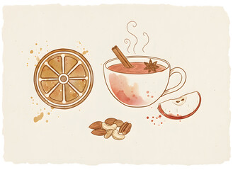 Aesthetic Delight: Capturing a Warm Beverage Scene with Seasonal Fruits and Nuts. A charming illustration of a steaming cup of mulled drink beside a slice of orange and apple.