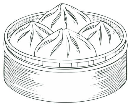 Hand drawn sketch illustration of traditional Chinese steamed dumplings in a bamboo steamer basket.