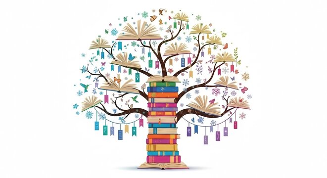 Book installation with colorful elements representing knowledge and creativity.