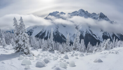 Obraz premium Frozen Majesty: A breathtaking panorama of snow-laden mountains and frosted trees under a cloudy sky, showcasing the untouched beauty of a winter landscape.