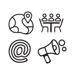 Black outline icons for location meeting at symbol and megaphone contact communication