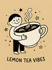 Lemon Tea Vibes: Whimsical illustration of a cheerful figure embracing a giant cup of lemon tea, with steam rising amidst stars, embodying the comfort and warmth of the drink.