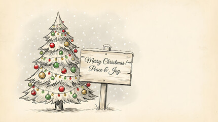 Christmas Cheer: A quaint and nostalgic Christmas scene, capturing the essence of the season with a decorated evergreen tree and a heartfelt sign. This illustration evokes warmth, peace.