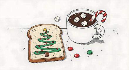 Festive Delights: Christmas Tree Toast and Hot Cocoa: A delightful composition features a slice of toast adorned with a creative Christmas tree design.