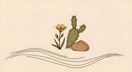 Desert Bloom and Cactus Composition: A stylized illustration depicting the stark beauty of a desert landscape, where a delicate flower and a prickly cactus flourish amidst rugged terrain. 