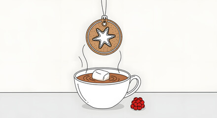 Cozy Winter Treat: A cup of hot chocolate, steam rising, is decorated with a star-shaped ornament and served with a raspberry.