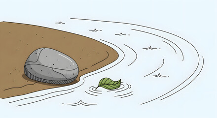 Tranquil Waterside Scene: A solitary stone rests peacefully beside the water's edge, while a delicate leaf gently drifts in the serene flow. Evoking a sense of calm and gentle.