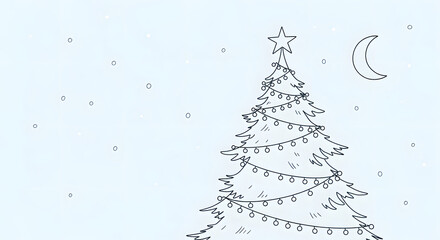 Festive Elegance: A simple drawing of Christmas tree, adorned with twinkling lights and a radiant star at its peak, stands as a symbol of holiday joy.