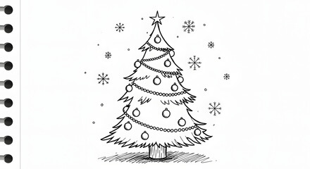 Festive sketch of Christmas tree: A simple line drawing of a decorated Christmas tree. It's adorned with ornaments, garlands and a star on top, surrounded by illustrated snowflakes.