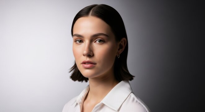Elegant young woman with sleek dark hair in a minimalist studio