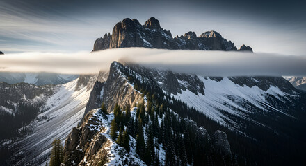 Majestic Mountainscape: An aerial view of snow-covered mountain peaks piercing through a sea of mist, a breathtaking panorama of nature's grandeur.
