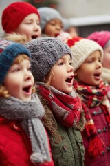 Children in colorful winter hats and scarves sing carols outdoors in falling snow with glowing lights behind. Joyful kids choir performing Christmas songs, magical winter celebration vibe.