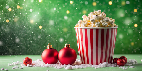 Popcorn in striped red cup with Christmas decorations and snowy on isolated green background  