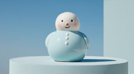 glossy ceramic snowman on aqua pedestal with sky blue background