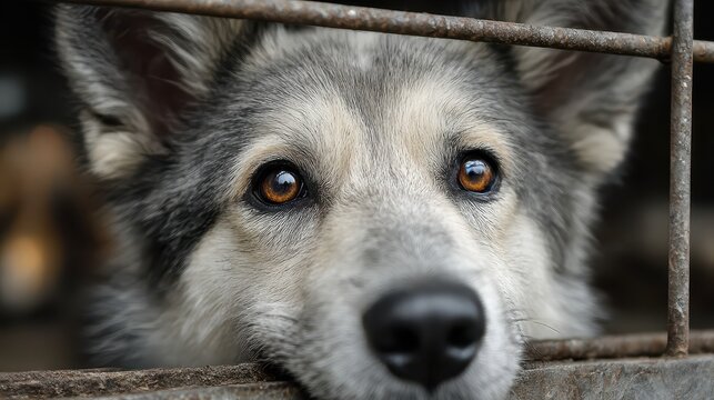 Close-up Portrait of a Sad Siberian Husky Dog Behind Rusty Cage Bars, Captivity, Animal Shelter, Waiting for Adoption, Brown Eyes