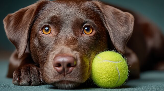 Close-up of a Chocolate Labrador Retriever Puppy Resting Head with Tennis Ball, Adorable Brown Dog Portrait, Canine Friend, Pet Photography
