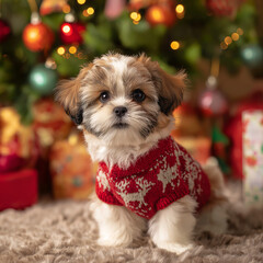 Shih Tzu's First Christmas: Adorable Puppy in Holiday Sweater