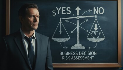 A businessman beside a risk scale diagram represents weighing financial decisions. The concept explores uncertainty and the analytical process behind major choices
