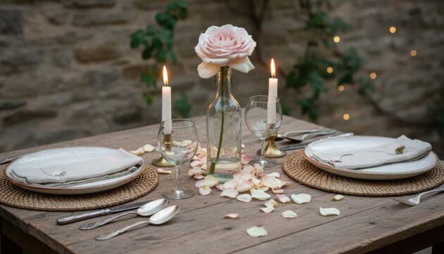 An elegant romantic dinner table outdoors with candles and rose petals creates a serene and intimate atmosphere, ideal for Valentine's Day or special celebrations