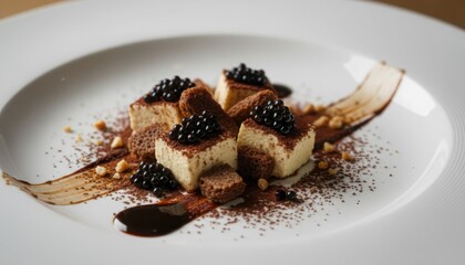 A plated dessert of cocoa dust and creamy cube highlights idea of high end artistry and refined finish in modern dining. It conveys moment where texture and elegance meet