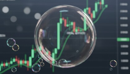 A floating bubble surrounded by smaller bubbles highlights shifting green and red candlestick charts to show market fragility. This image symbolizes price swing, speculative movement or trading risk