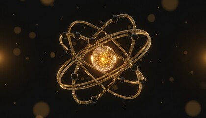 stylized golden atom model representing physics education sci fi aesthetic and technological progress theme