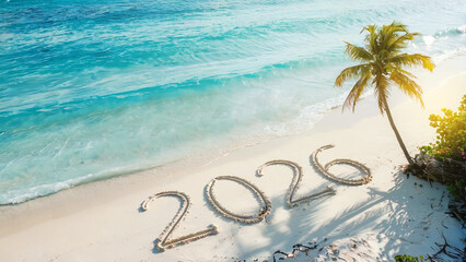 Tropical beach with sand numbers 2025 and 2026 for New Year celebration