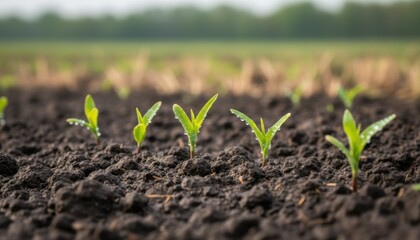 Corn seedlings growing in dark soil with morning dew, symbolizing new agricultural season, hope, sustainability and fresh green beginning in rural environment