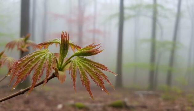 Fresh spring leaves with dew in a misty forest symbolizing renewal and calm nature inspiration