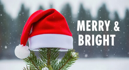 Santa hat on a snowy pine tree with 'merry & bright' text, evoking festive winter holidays. isolated on white background, Vector