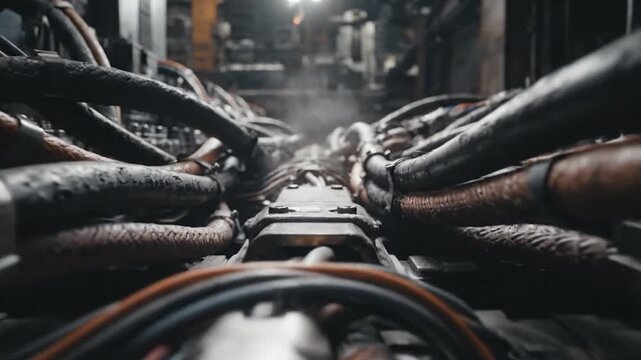 Close up view of complex industrial electrical cables with glowing sparks and metallic components in a dark workshop setting