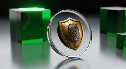 Digital security concept with fingerprint on a golden shield