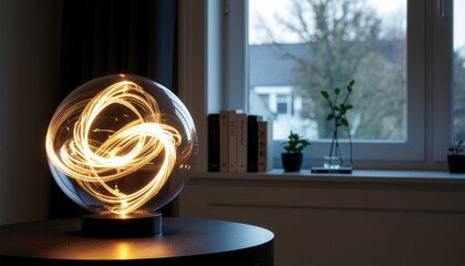 2026 creative project concept. Illuminated sphere lamp on a table near a window with plants.