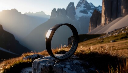 2026 creative project concept. Fitness tracker on a rock with a scenic mountain backdrop.