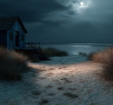 Mystic Moonlight Beach: A secluded beach bathed in the ethereal glow of moonlight, with an old cottage, inviting a sense of serenity.