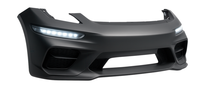 Front bumper featuring LED daytime running lights and sculpted air intakes.