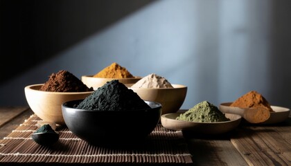 2026 creative project concept. Various colorful spices arranged in bowls on a wooden surface.