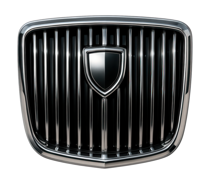 Chrome vertical slat grille featuring a bold central emblem.