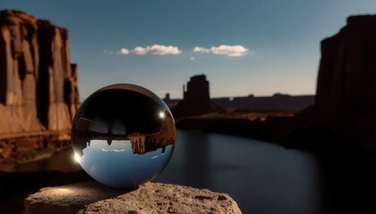 2026 creative project concept. Reflective glass sphere on rock with dramatic landscape backdrop.