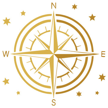 Golden Compass Rose with Stars Pointing North, South, East, and West