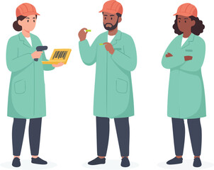 A group of factory workers in lab coats and safety helmets inspect items and scan barcodes as part of a quality-control process
